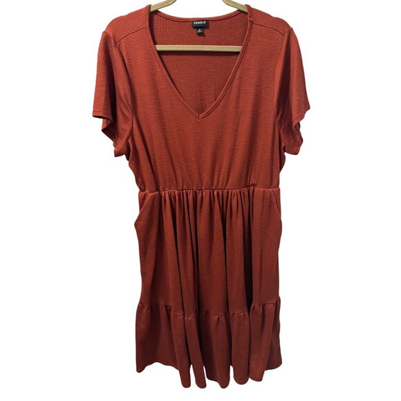 Torrid Rust Orange Ribbed Tiered V-Neck Dress Size 2X Short Sleeve Casual Dress - Picture 7 of 12